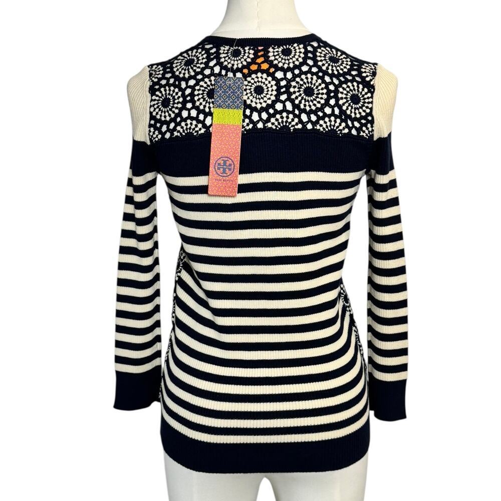 Tory Burch Elaine Cardigan NWT Small Navy Crochet Stripe Zip Sweater Size S - Picture 4 of 10